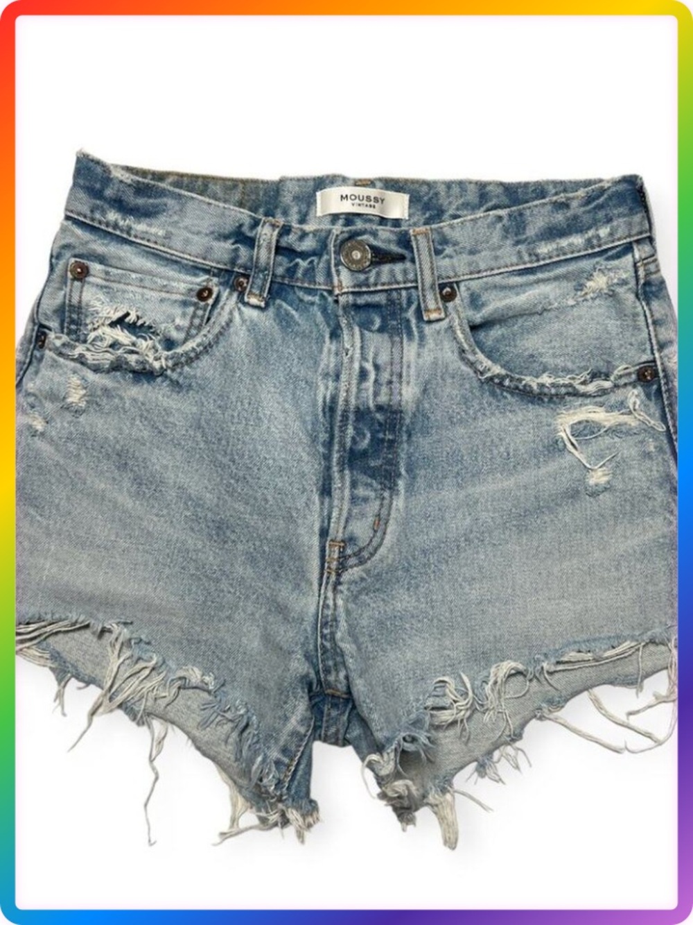 Moussy li HOWA Vintage Distressed Denim Jean Short Button Fly Blue Size 26 Japan